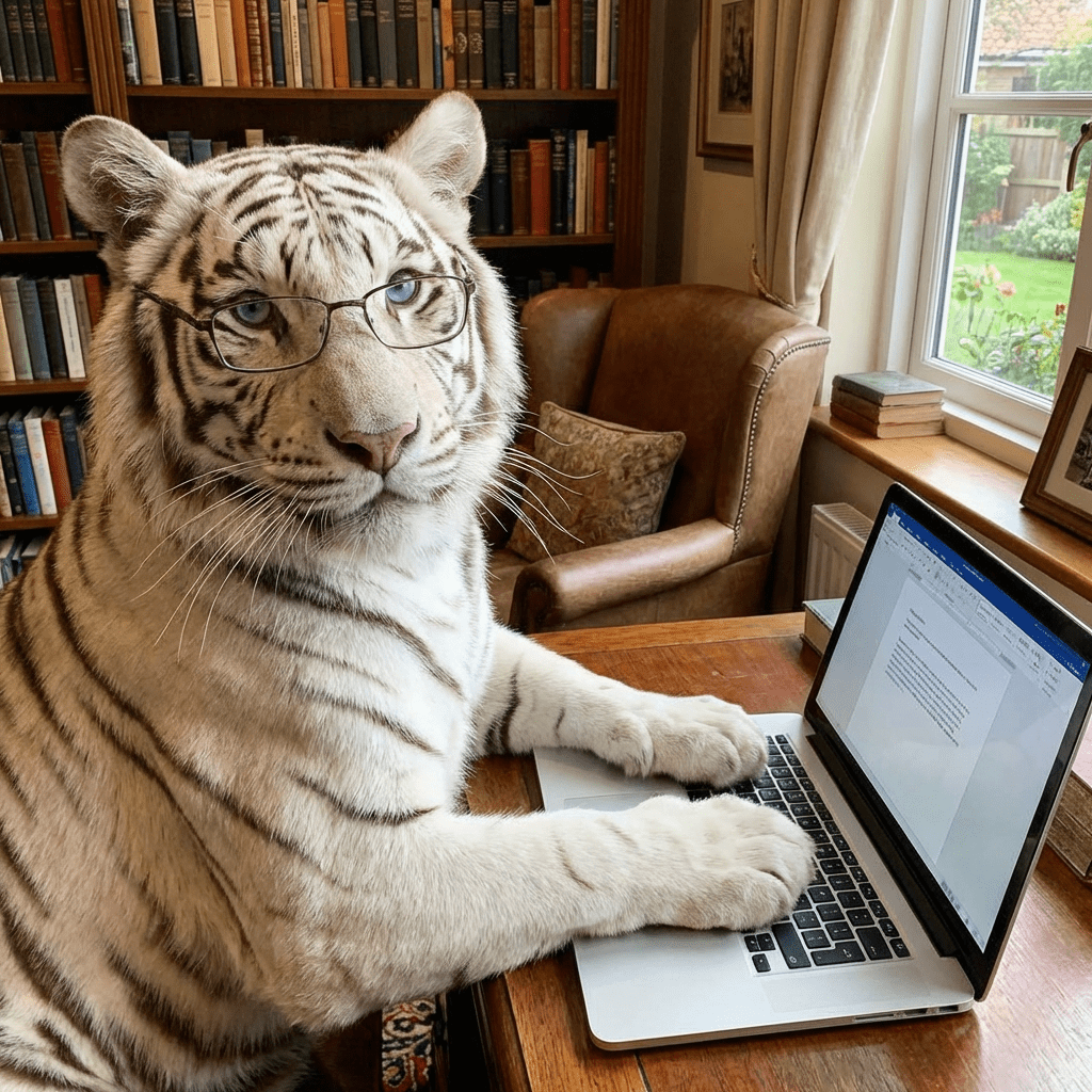 White tiger wearing glasses sitting at a desk with a laptop in a library.