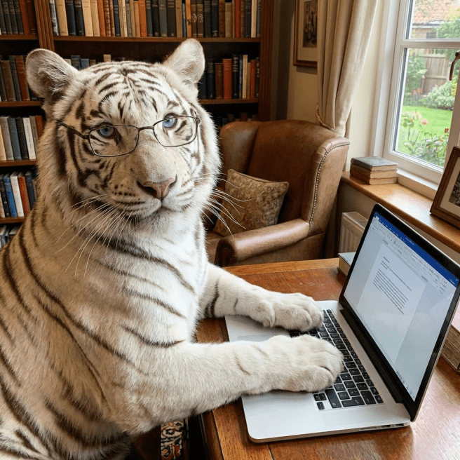 White tiger wearing glasses sitting at a desk with a laptop in a library.