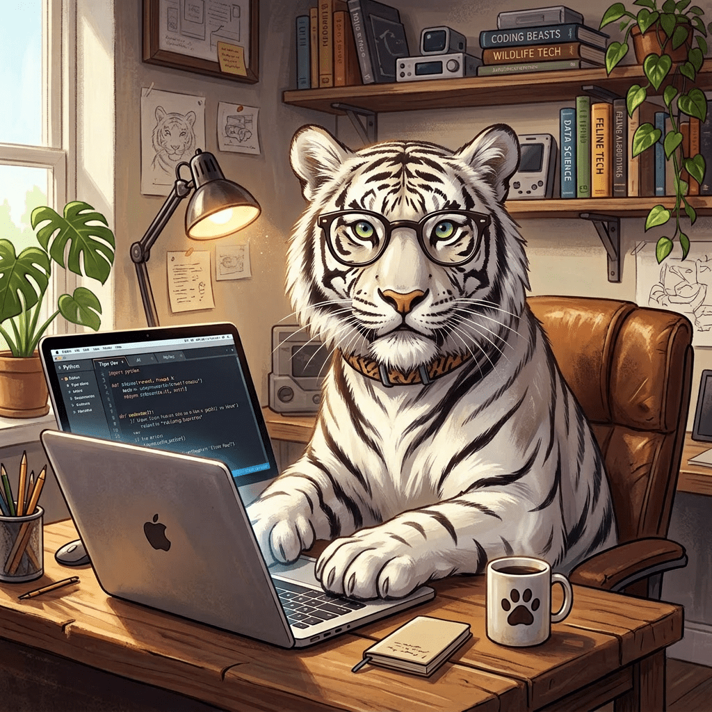 White tiger with glasses working on a laptop coding in a home office.