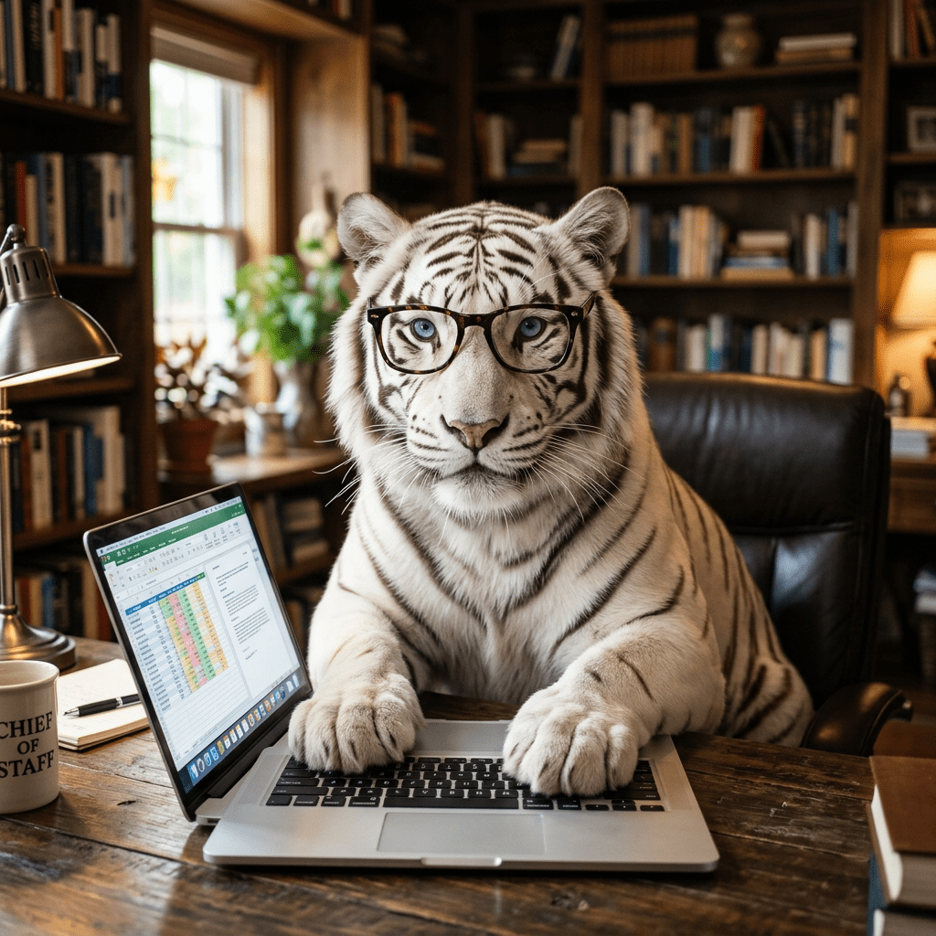 White tiger wearing glasses sitting at a desk typing on a laptop with spreadsheets and documents visible